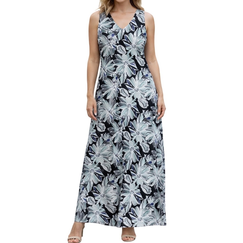 Talbots Navy Floral Maxi Dress with White and Light Blue Flowers